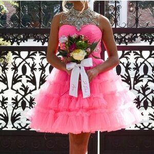 Rachel Allan Pink Ruffled Mini Dress with rhinestone collar